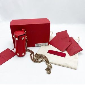 VALENTINO Garavani Red Leather Rockstud Mini Bag Lipstick Case Chain NEW